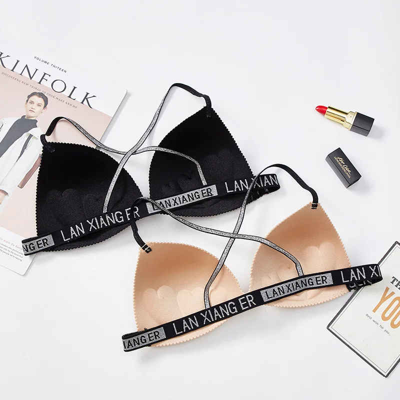 Fashion Letter Pattern Spaghetti Straps Wife Free Bra One-piece Pullover Push Up Gathered Women Bra Cross Back Design