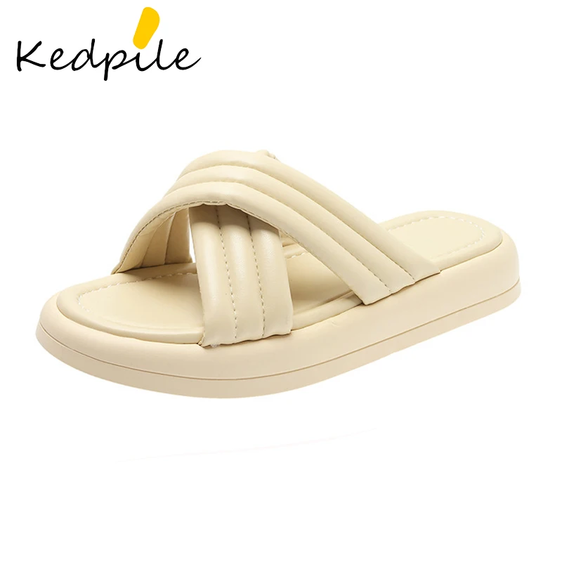 Stylish Thick Sole Girls PU Cross Outdoor Peep Toe anti-slip wedge new novelty Comfy Slides slippers for women