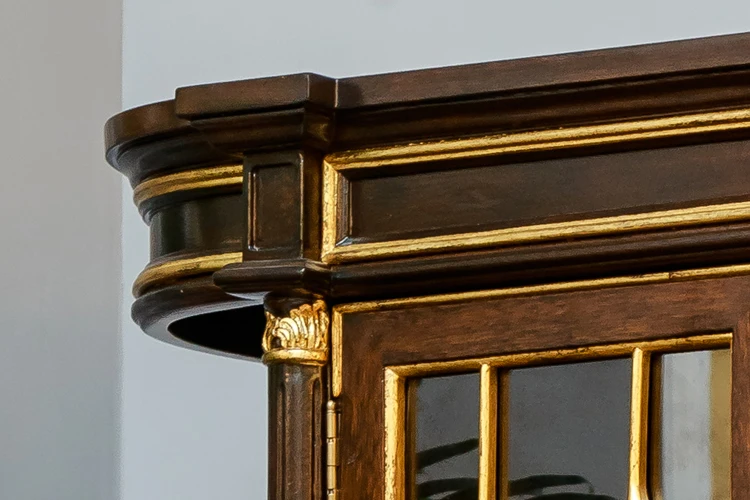 Bookcase Retro Brown Color Bookshelf Copper Book Cabinet with Two Led Lights Decorative Furniture Wooden and Brass with Glass