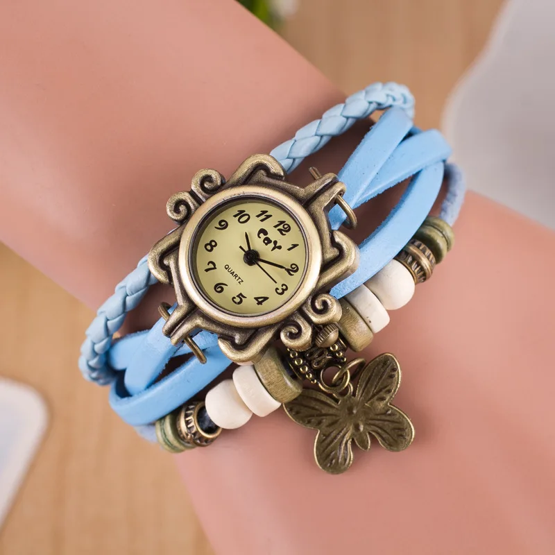 2021 High Quality Women PU Leather Vintage Watches,Women dress bracelet Wristwatches butterfly Pendant RW01