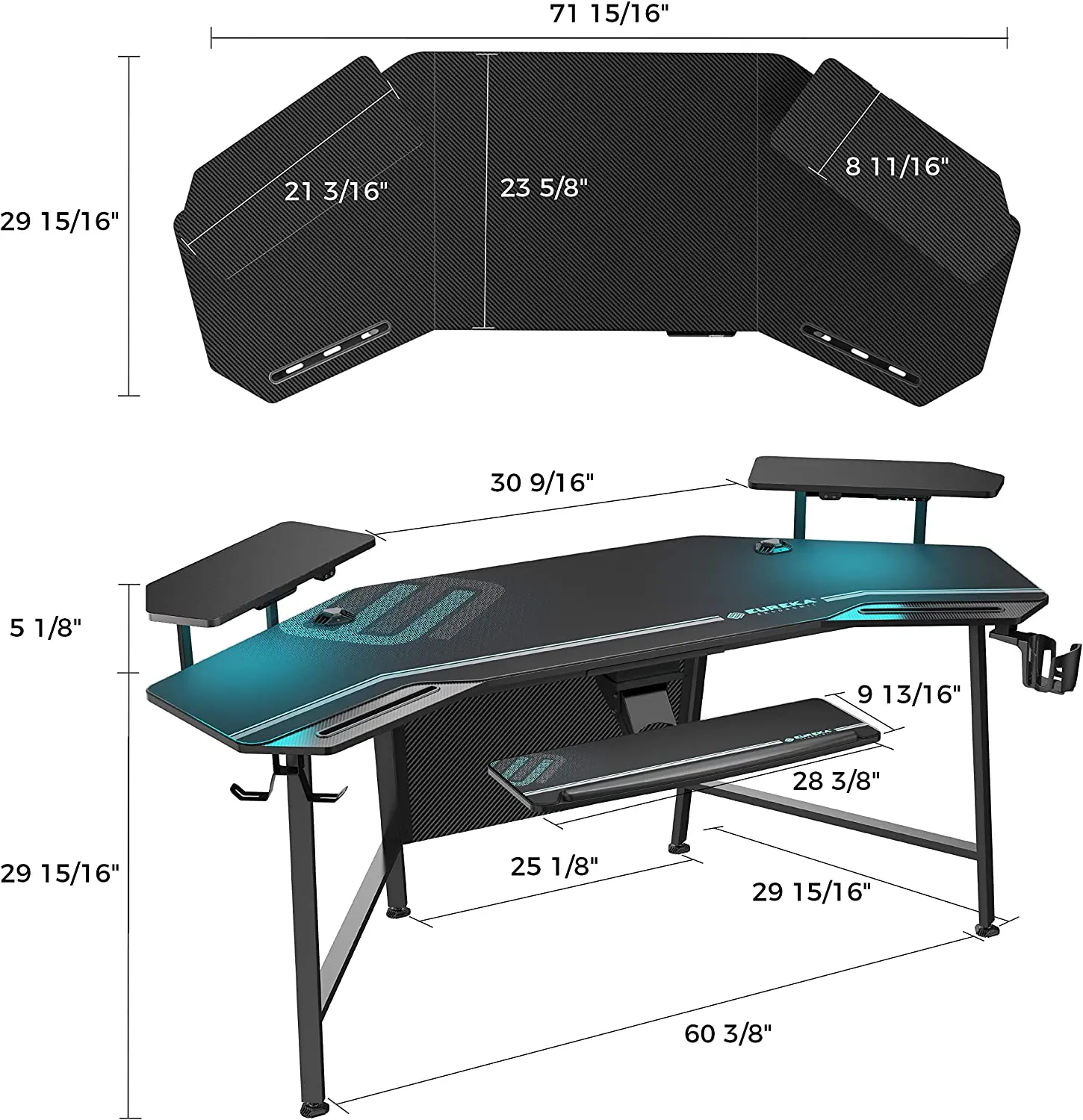 Led Lights Wing-Shaped Studio Desk W Keyboard Tray Monitor Stand Dual Headphone Hanger Cup Holder Gaming Desk