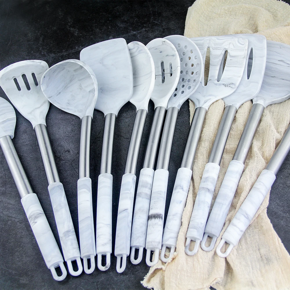 Кухонная утварь YF из пищевого силикона, кухонная утварь с ручкой из нержавеющей стали, многофункциональный мраморный набор из 15 предметов, кухонная утварь