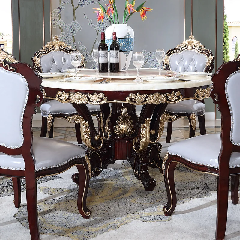 luxury antique European style round white marble top dining table set 6 chairs dining table set
