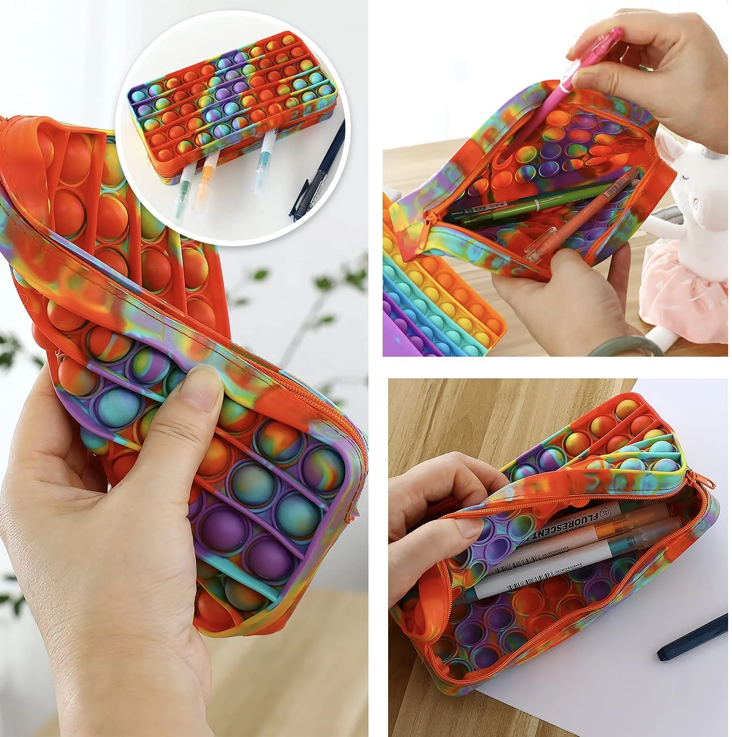 Custom Pop Fidget Up Out Silicone  Pencil Case Kids Students Stationery Box Rainbow Pop Push Pencil Pouch Bag