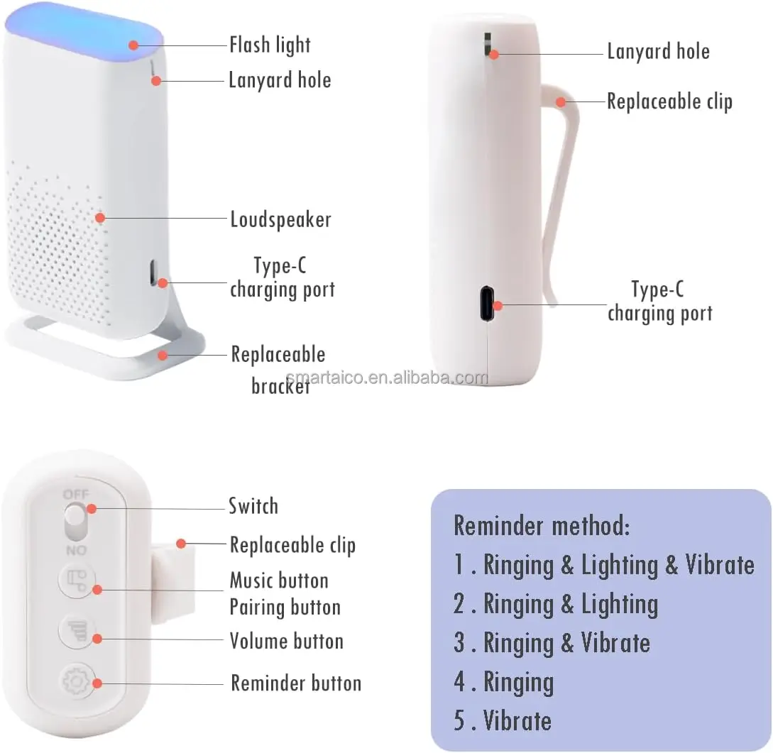 Rechargeable USB Elderly Doorbell Vibration Alarm Ringtone SOS Wireless Call button Caregiver Pager
