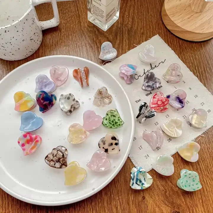 New Fashion Cute Mini Heart Acetate Hair Claw Clips Multicolor Floral Marble Pattern Clips Girls Accessories