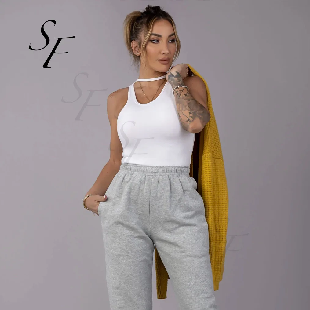 OEM Wholesale Strap Across Neckline Trim Classic Casual Sweet Basic Solid Color Knitted Ribbed Crop Tank Top Vest For Women