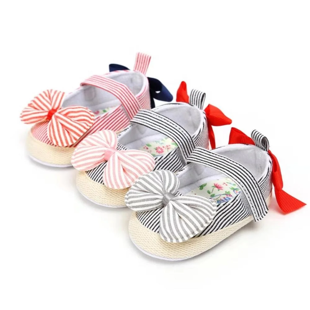 Fancy Infant Ribbon Bow Striped Baby Fabric Toddler Girl Dress Shoes