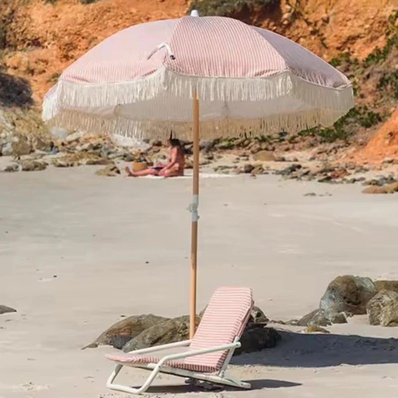 Glamping commercial modern outdoor beach umbrella parasol garden wooden cotton beach umbrella with tassels