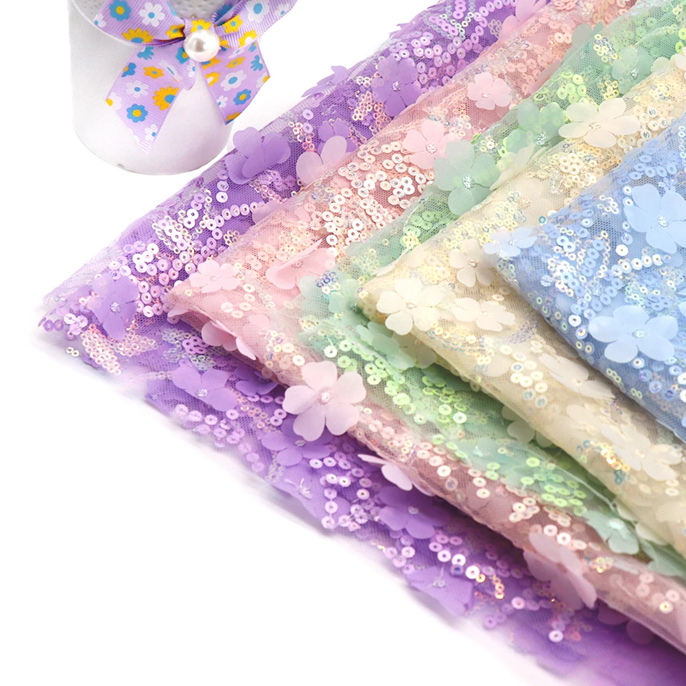Hot Sale 90*135cm Diy Sequins Shabby Wedding 3D Flower Embroidered Mesh Lace Fabric for Dress Sewing Supplies Crafts