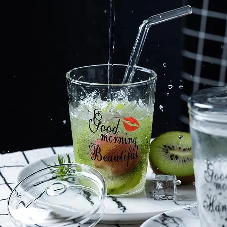 Best Selling 350ml Glass Tumbler with Eco-Friendly round Silicone Sealed Lid and Straw Customizable Logo for Gifts