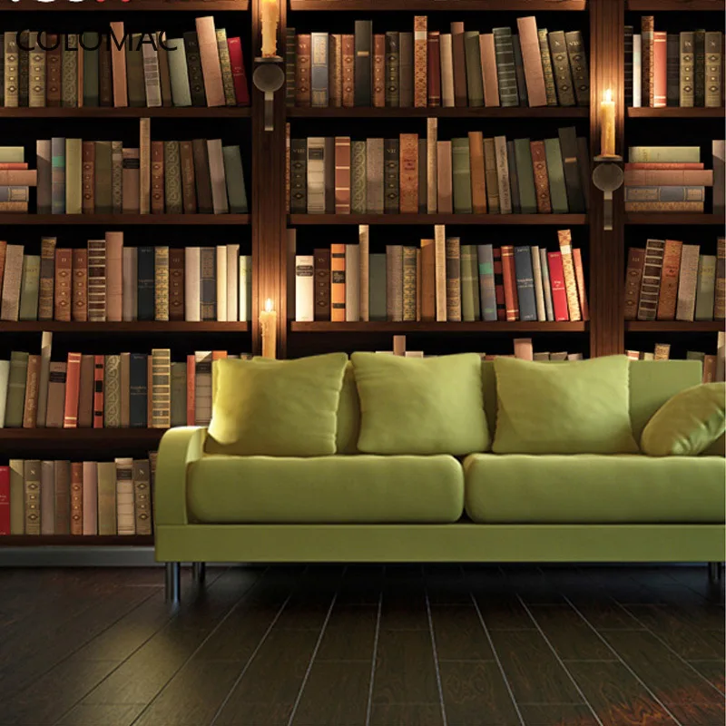 Custom Photo Wallpaper 3D European Style Retro TV Background Wallpaper Mural Wall Bookcase Books Bookshelf Mural Peel And Sick