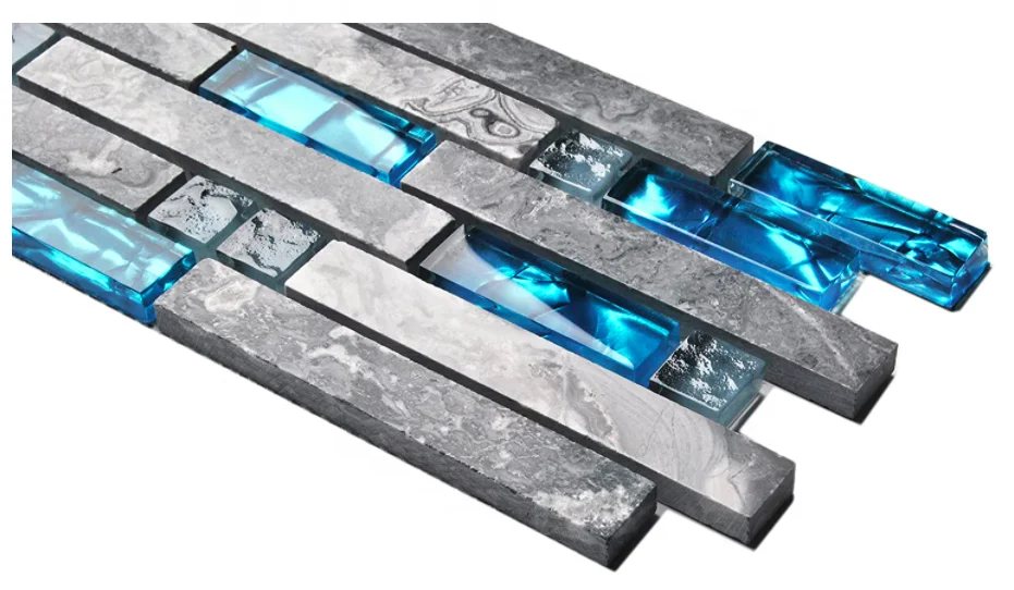 DS Polished Gray Marble and Teal Blue glass mosaics Random Interlocking tiles Kitchen Bathroom designed by
