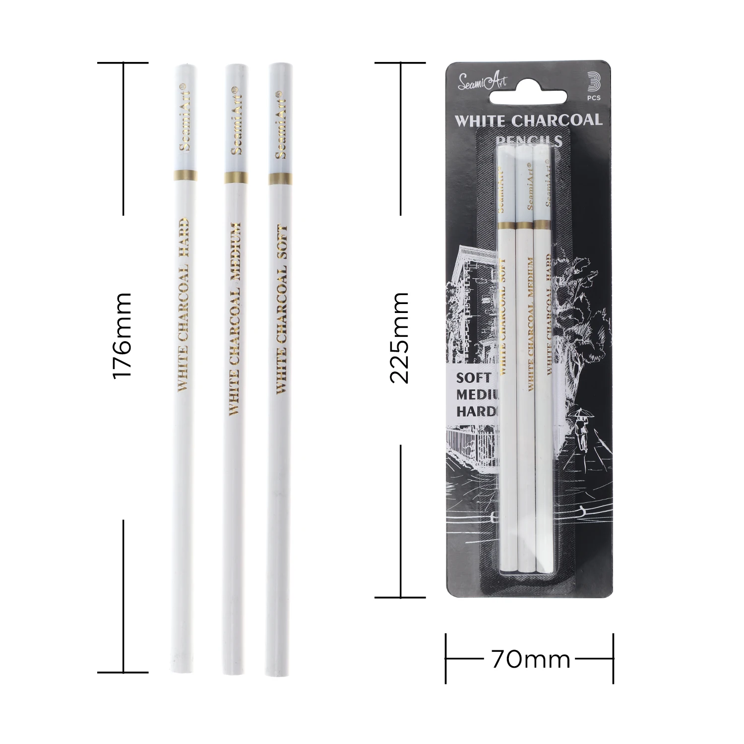  Seamiart 3pcs Hard/Medium/Soft White charcoal pencil wooden set for sketching drawing pencils office school