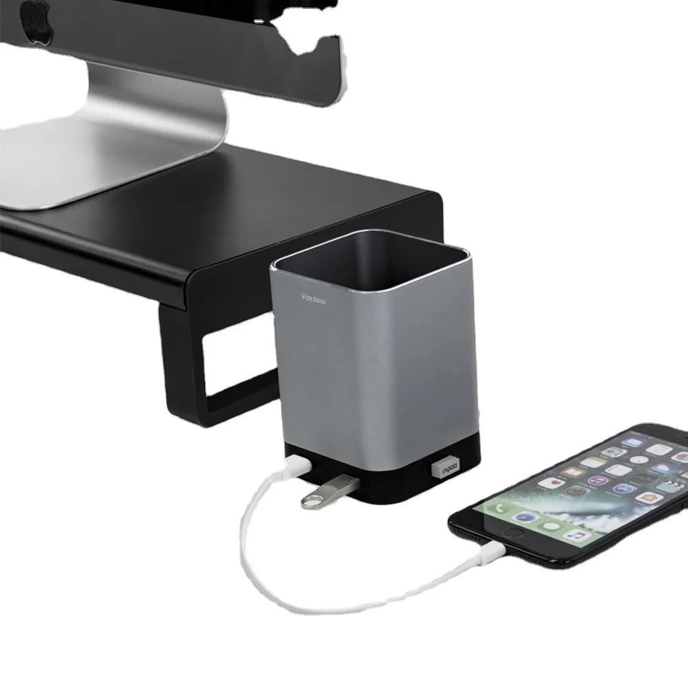 Metal Pen Case with USB Ports Brush Pot Desk Organizer Pen Holder