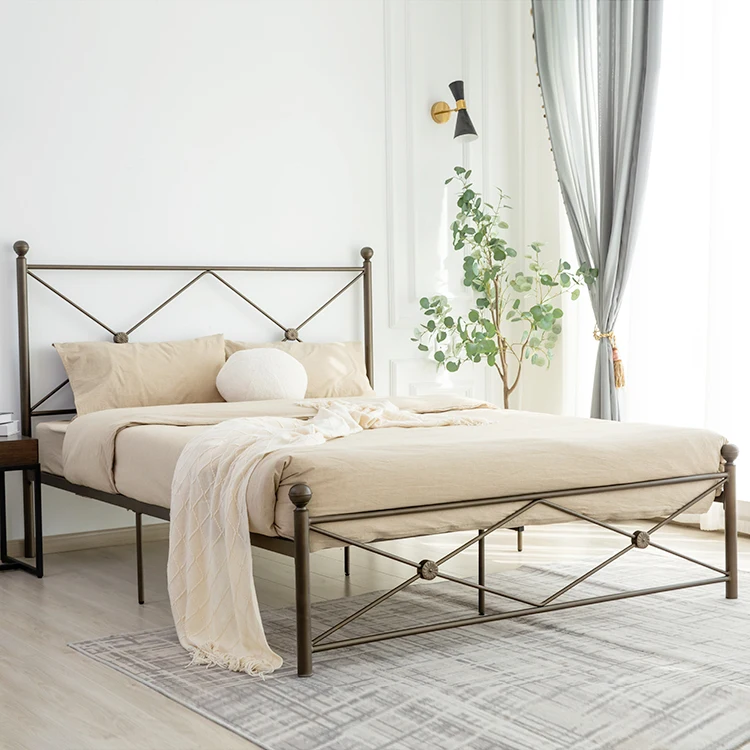 High Quality Simple Design Metal Material Frame Double Bed Heavy Duty Strong Headboard Bed