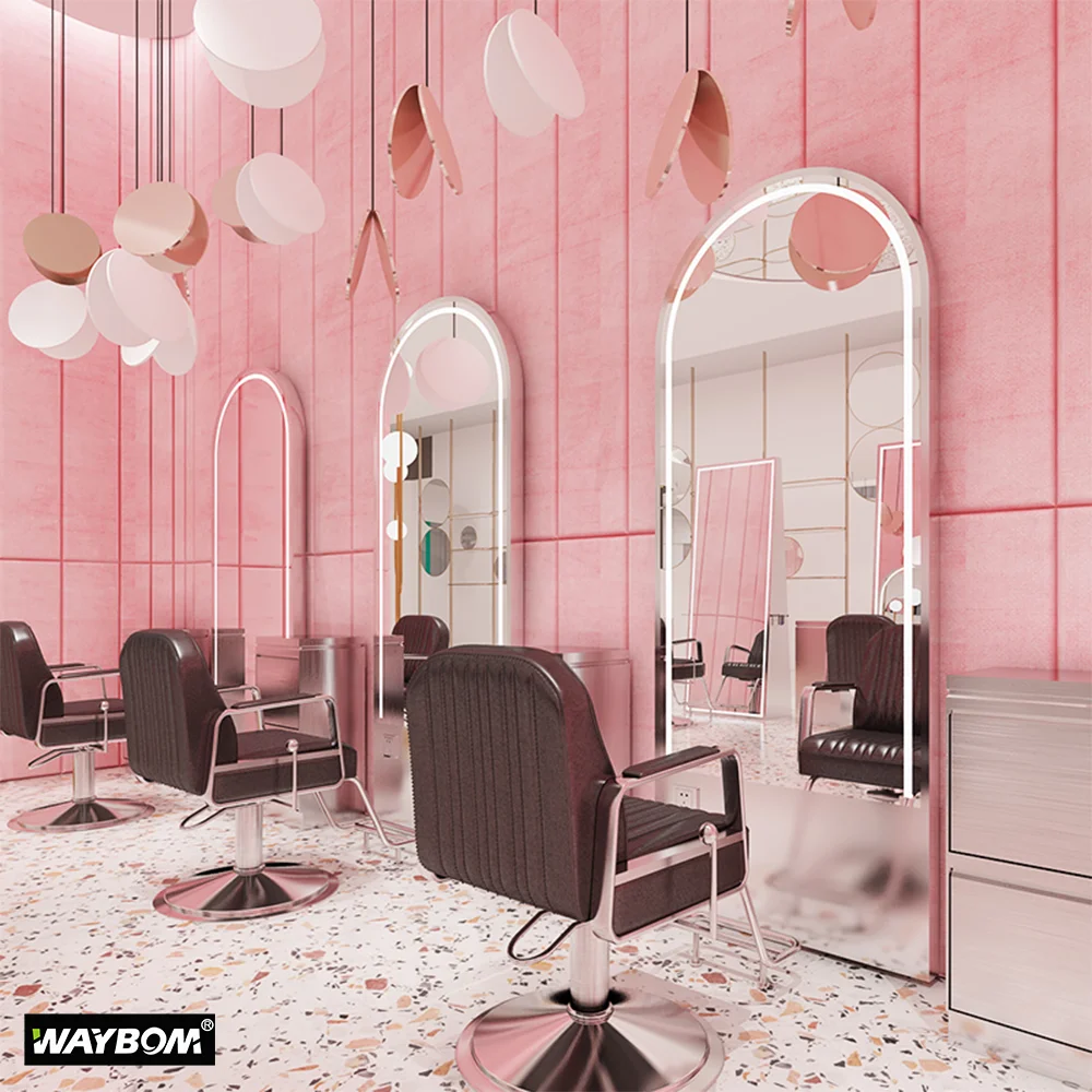 Retro Barber Shop Hair Salon Table Wall-mounted Makeup Single Side Frame Hair Salon Landing Tool Mirror with led light