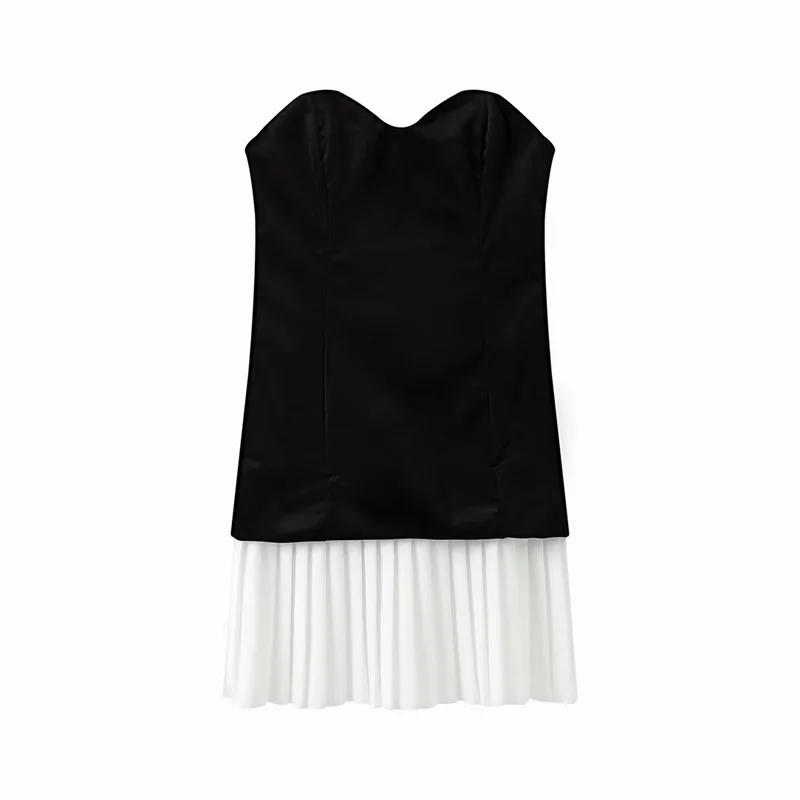 TAOP&ZA 2024 Spring New Chic and Fashionable Black Fleece Patchwork Waist Dress Retro Sleeveless Tube Top Skirt for Women