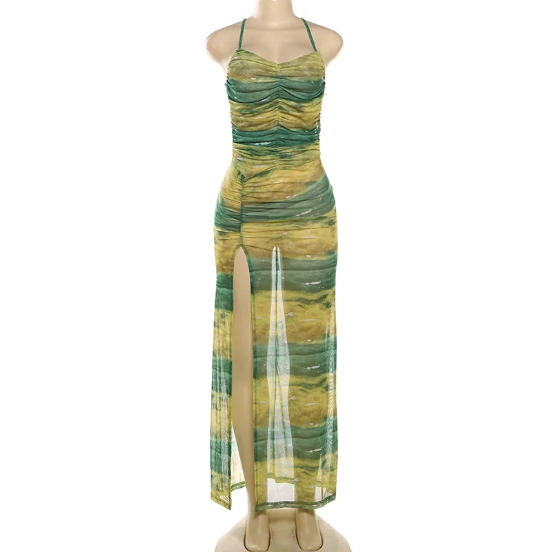 FS13989D women summer sleeveless print sexy maxi spilt dress
