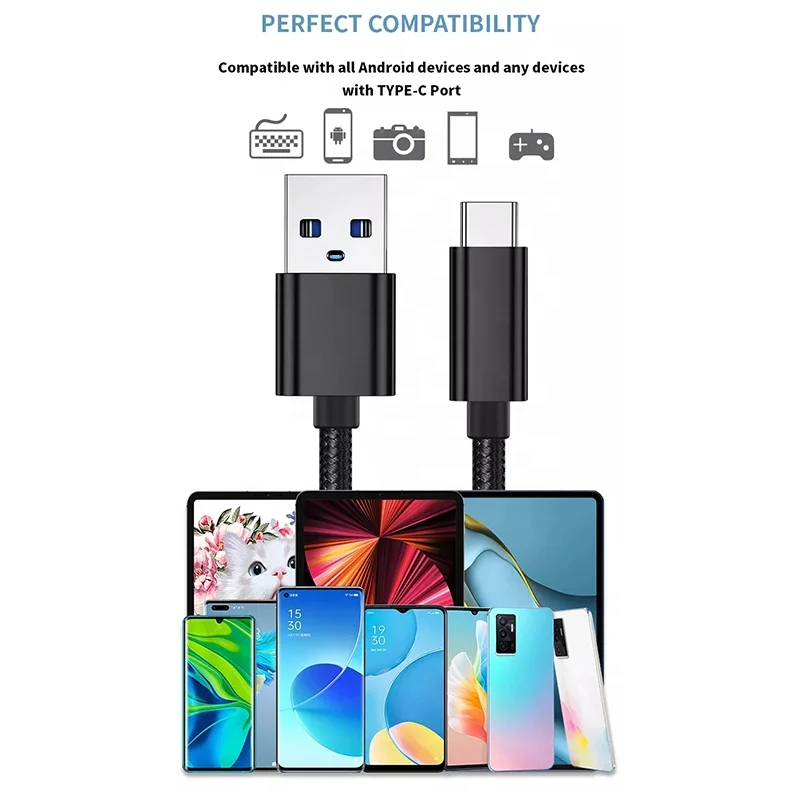 Nylon Braided Data Sync Charge 3A USB To USB C Type C Fast Charging Cable 0.5M 1M 1.5M 1.8M 2M 3M