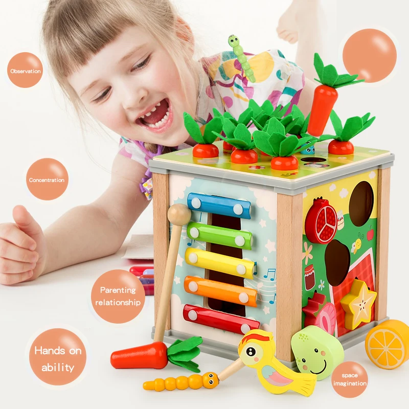 Early Educational Toys Geometry Blocks Matching Xylophone Stem Toy Wooden Activity Cube
