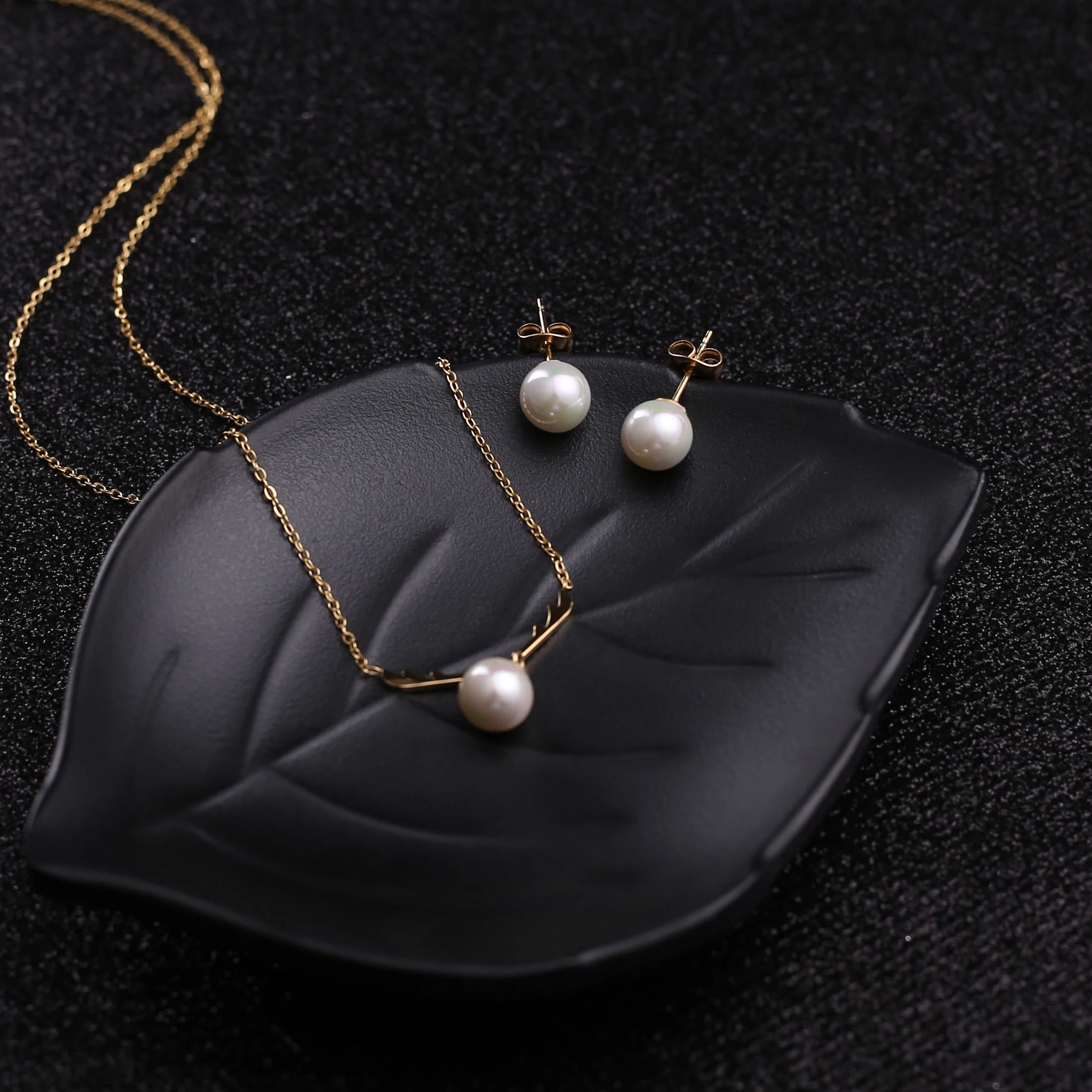 Pearl Gold Plated Stainless Steel Wedding Necklace And Earrings Jewelry Set For Women
