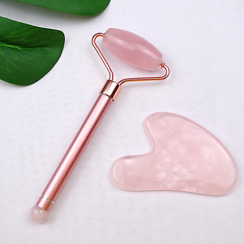 Facial massager roller pink crystal jade roller stone slimming massage tool rose quartz jade roller gua sha set