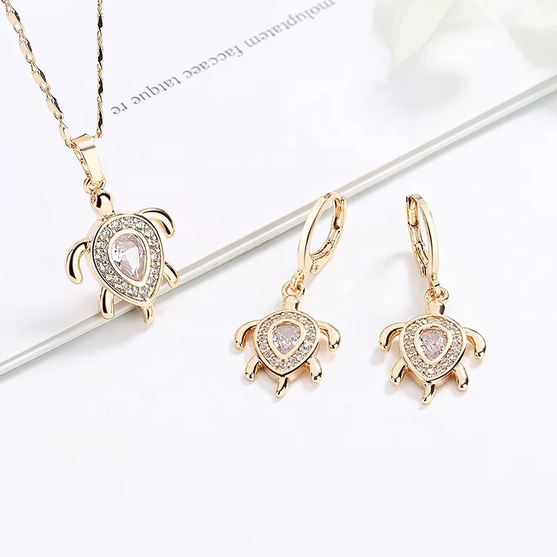 Fashion Jewellery 18 Carat Gold Plated 3 Piece Jewelry Set Cubic Zirconias Cz Turtle Pendant Necklace Jewellery Sets For Women