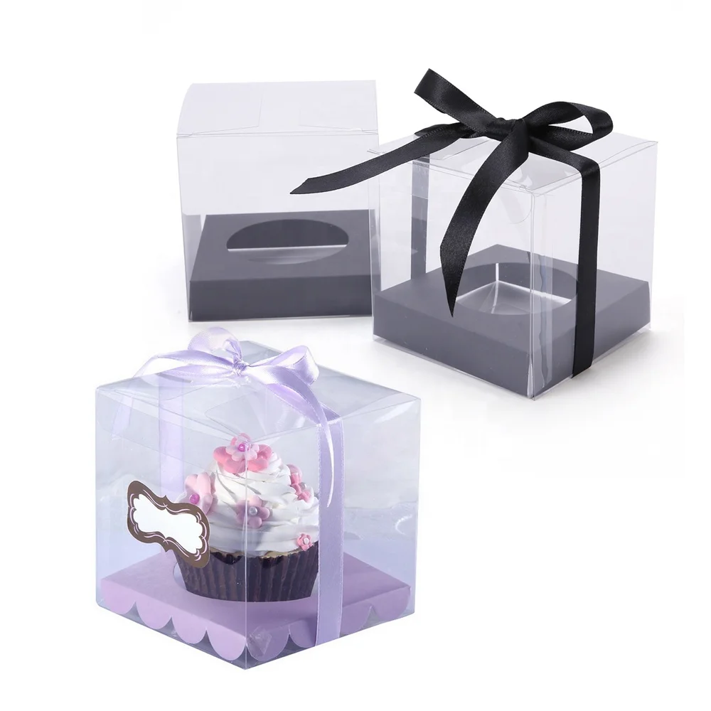 Gold Ribbon Transparent Square PET Cupcake Boxes Clear Muffin Cake Packing Box for Business Wedding Party Packaging