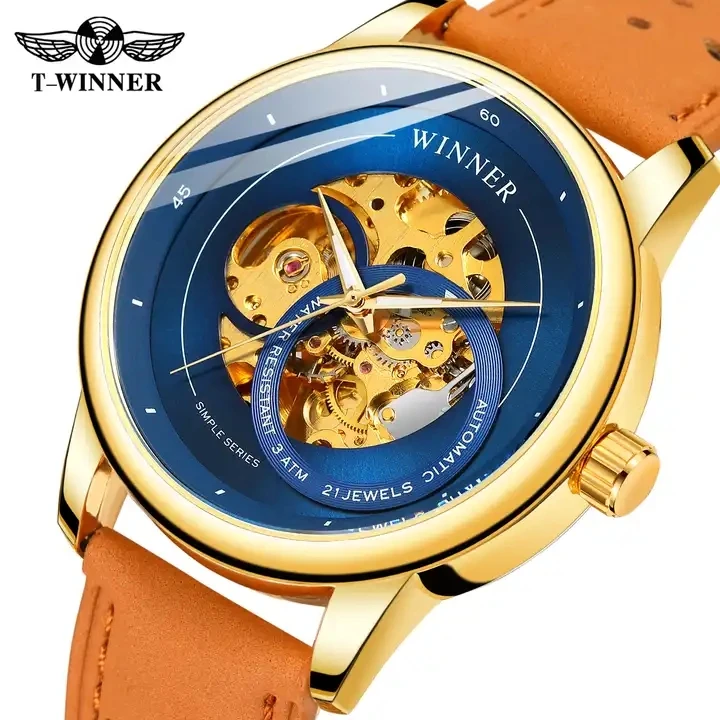 WINNER Fashion Genuine Leather Mechanical Waterproof Hollow Out Automatic Watches Mens Luxury Wristwatches for men