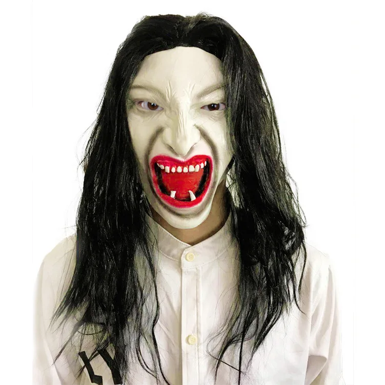 Allogogo Terrible Halloween Bloody Mouth Ghost Mask Costume Party Decorative Props Screaming Long Hair Vampire Head Mask Toy