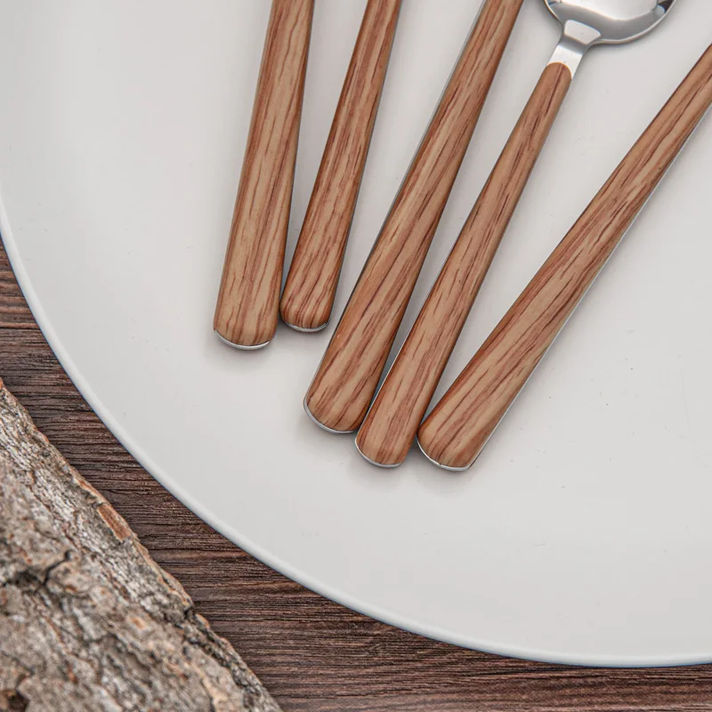 Wooden color plastic handle fork spoon knife dinner stainless steel flatware set for restaurant party hotel