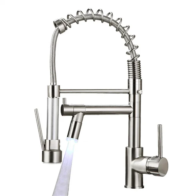 BN With LED Spring Kitchen Faucet with Pull Down Sprayer Single Hole Deck Mount Single Handle