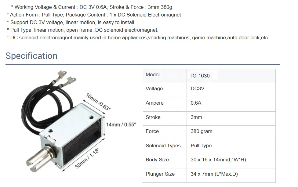 1630mm DC 3V/6V Push Pull Type Open Frame electric lock pick Electromagnetic Solenoid