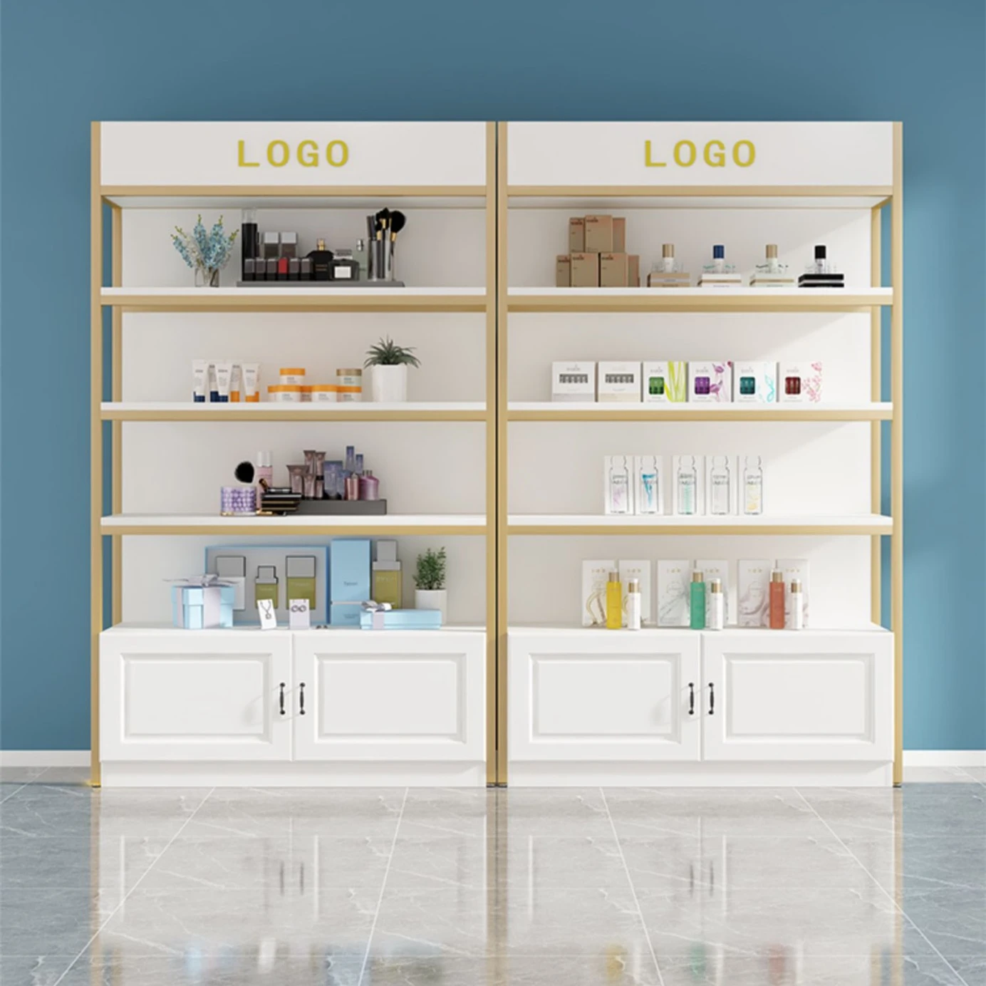 Multipurpose beauty salon display shelf showcase beauty products display rack gondola shelves