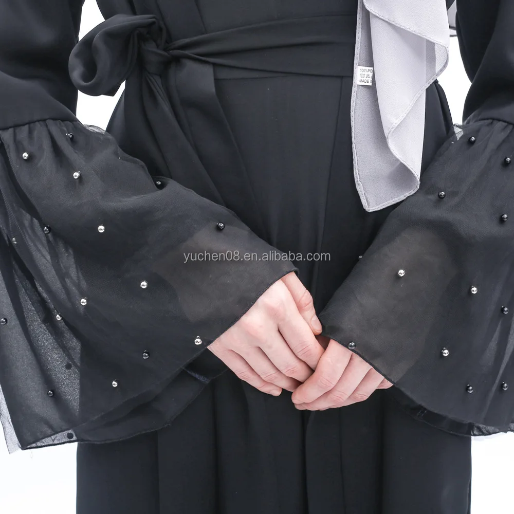 New trumpet sleeve soild black chiffon fabric plain black with  pearl  kimono islamic abaya
