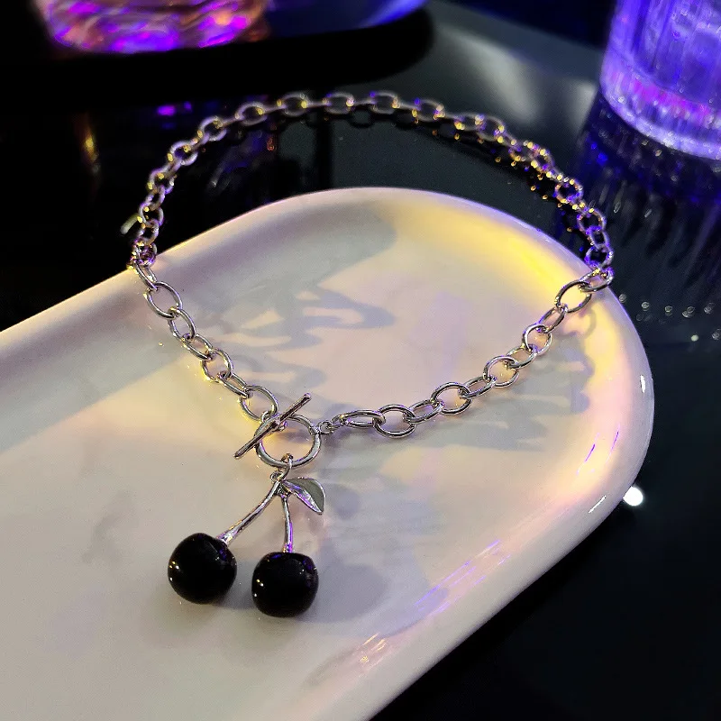 Japan and South Korea cold wind dark cherry pendant personality temperament necklace Fashion unique clavicle chain