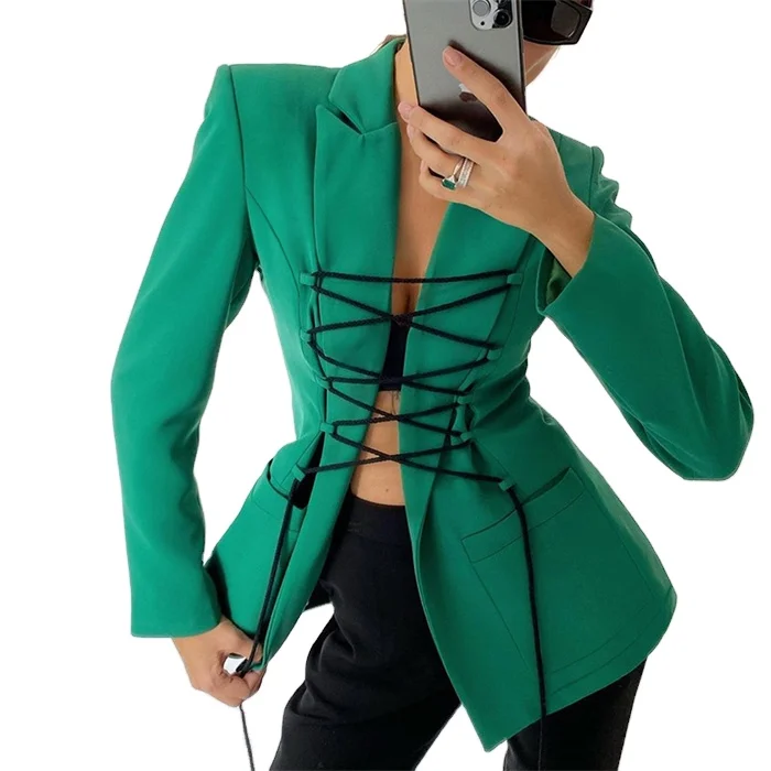 Fashion Casual Office Sexy Bandage Ladies Jackets Long Coat Blazer For Women