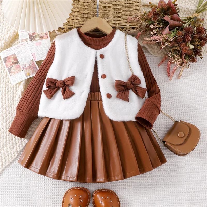 Ms-283 Baby Toddler Girl Clothes Fall Winter 2-3 Years Outfits Child Tops+Fur Vest+Skirts 3 Piece Kids Clothing Sets for Girls