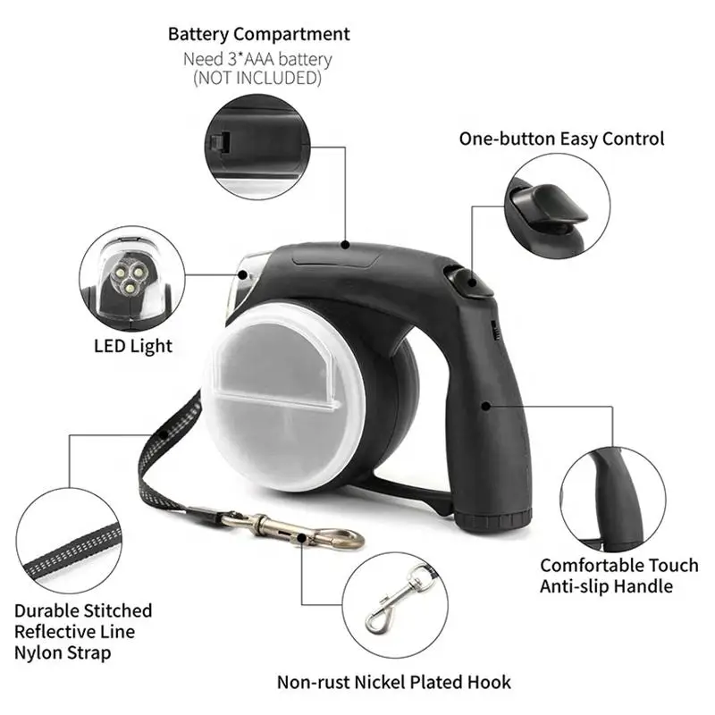 LED Light  16ft Nylon Tape Automatic Pet Lead Poop Bag Feeding Bowl and Food Storage Heavy Duty 110lbs Retractable Dog Leash