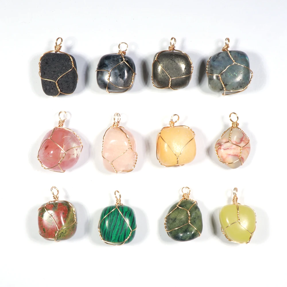 Wholesale Gold Wire Wrapped Crystal Healing Aventurine Clear Quartz Jade Labradorite Tumbled Stone Pendant