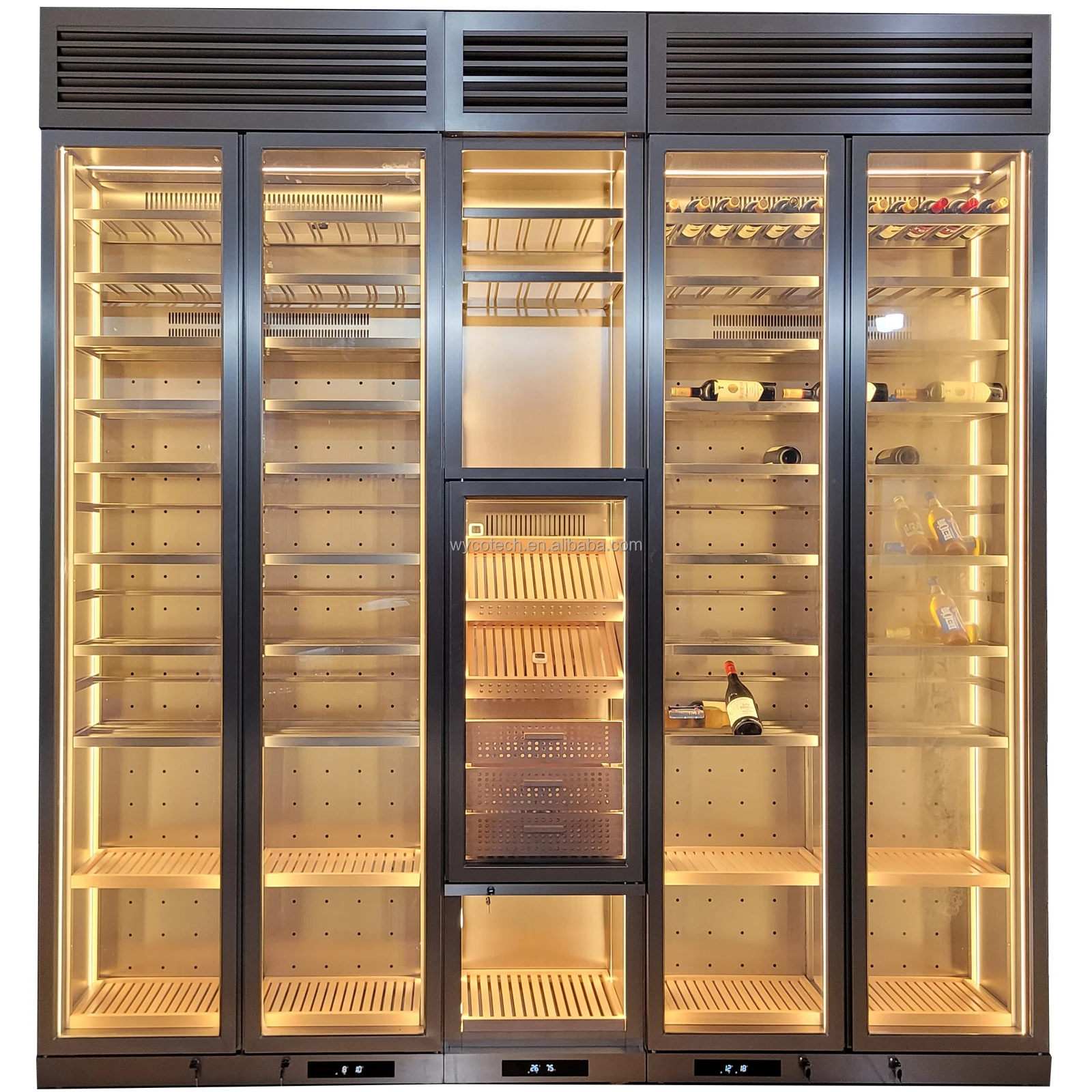 Stainless Steel Wooden Shelf Rack Storage LED Wine Bottle Cooler Chiller Buit-in Installation Cigar Humidor Wine Fridge Cellar
