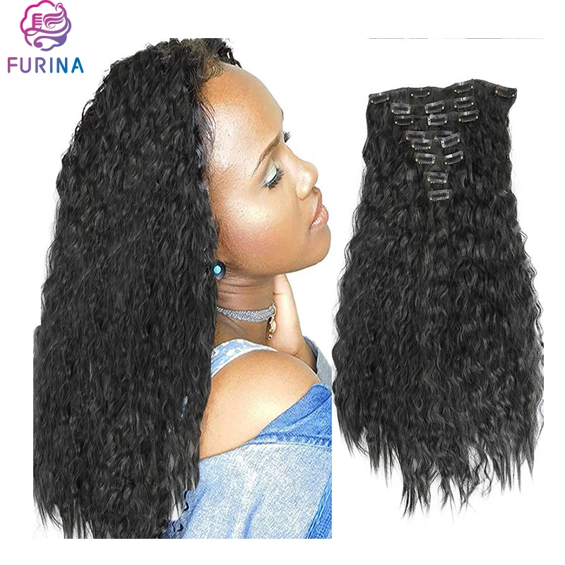 High quality beauty kinky straight full yaki 8 pcs 18 clips handy synthetic clips in hair extensions for women girls