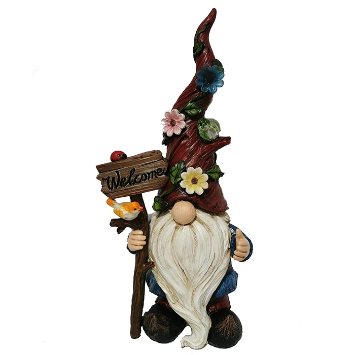 Top Grace Outdoor solar resin flower hat garden gnome with welcome brand