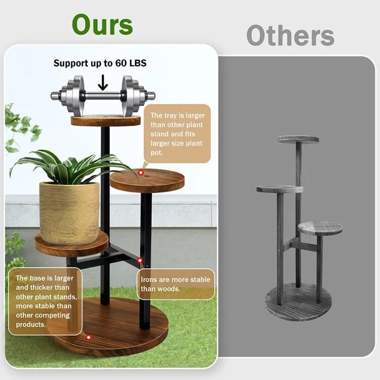 3 Tier Tall Plant Flower Pot Shelf Holder Outdoor Display Rack Living Room Balcony Garden Corner Wood Plant Stand Metal Indoor