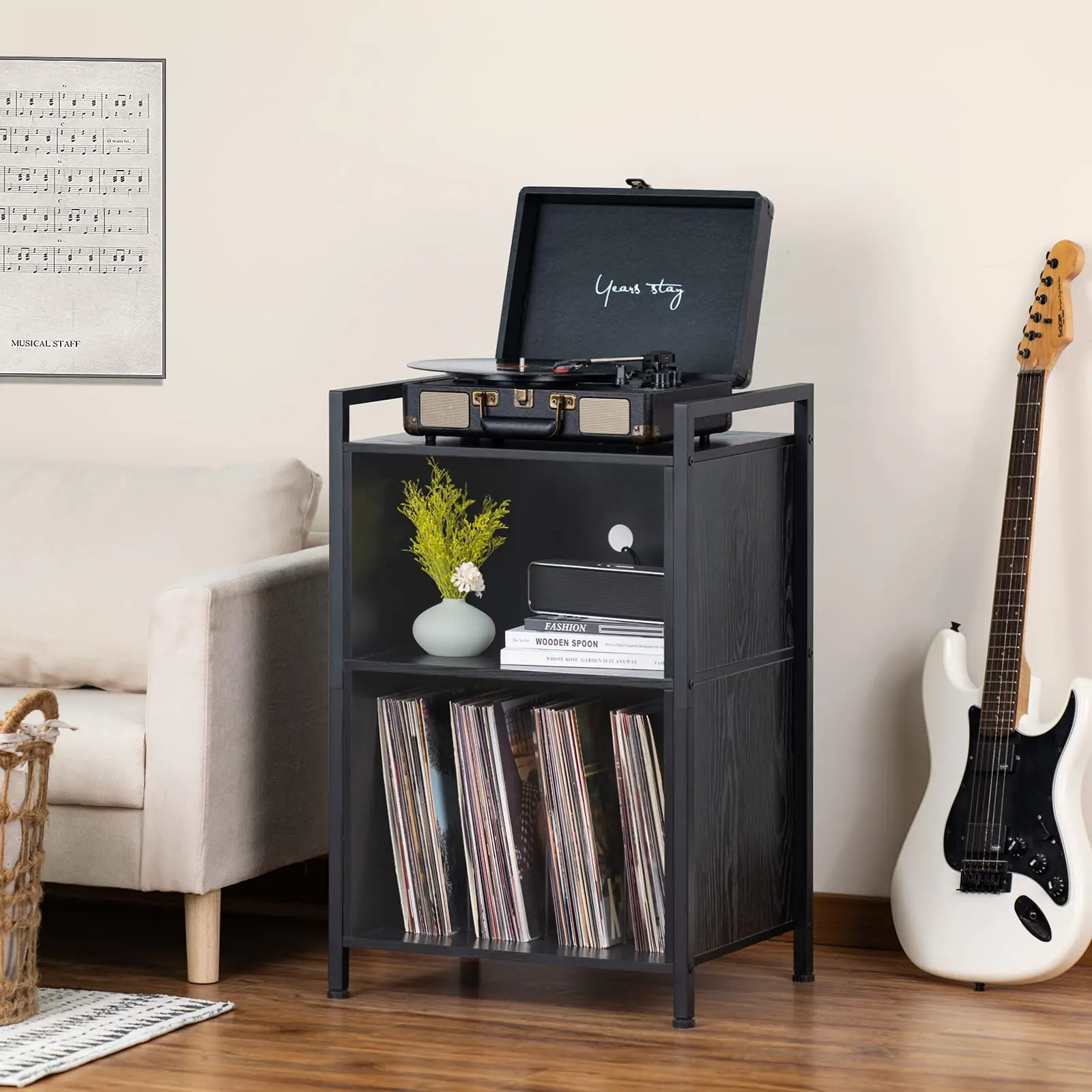 Modern Wholesale Living Room Furniture Record Player Stand with Storage Wooden 3 Shelf CD Vinyl Record Holder