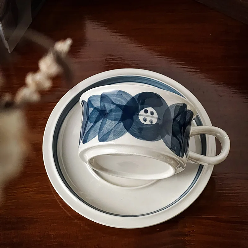 Longstar New Style Coffee Cup Hand-painted Blue Anemone Flower Ceramic Mug Saucer Set