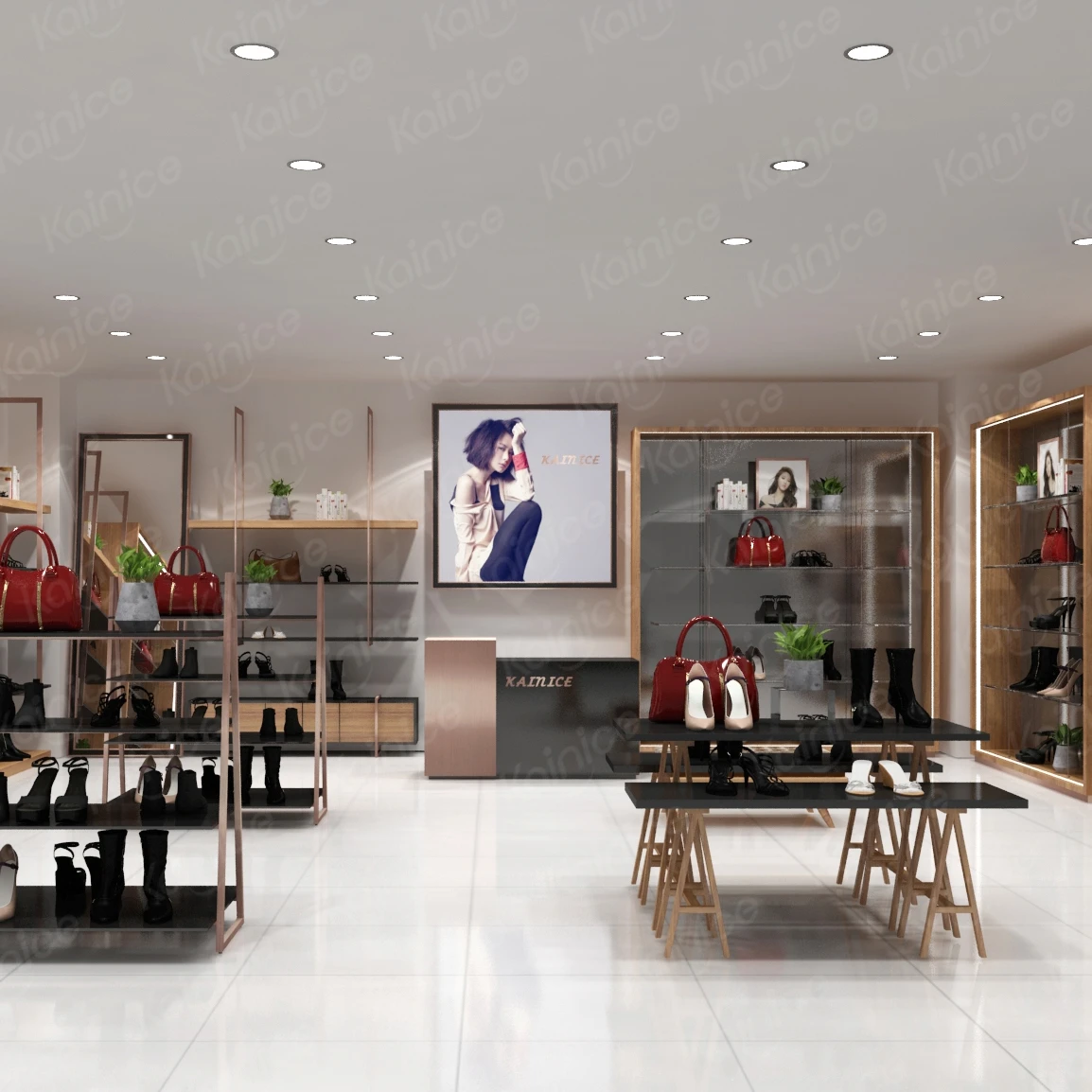 Kainice Store Fixtures Layout Design Shelf Shoe Stand For Display Retail Shelving Wall Mount Shoe Display Rack Handbag Display