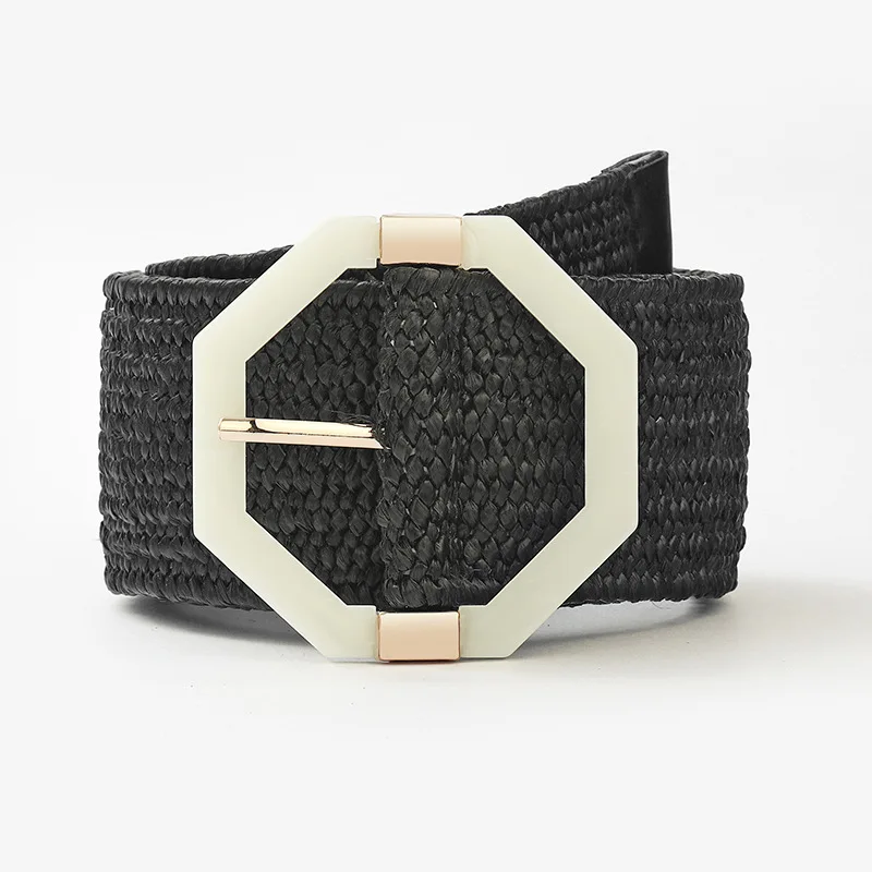 PP Straw Braided  Vintage Knitted Waist Skinny Dress Belt Woven Elastic Stretch Raffia Belt For lady Plastic Wooden Buckle