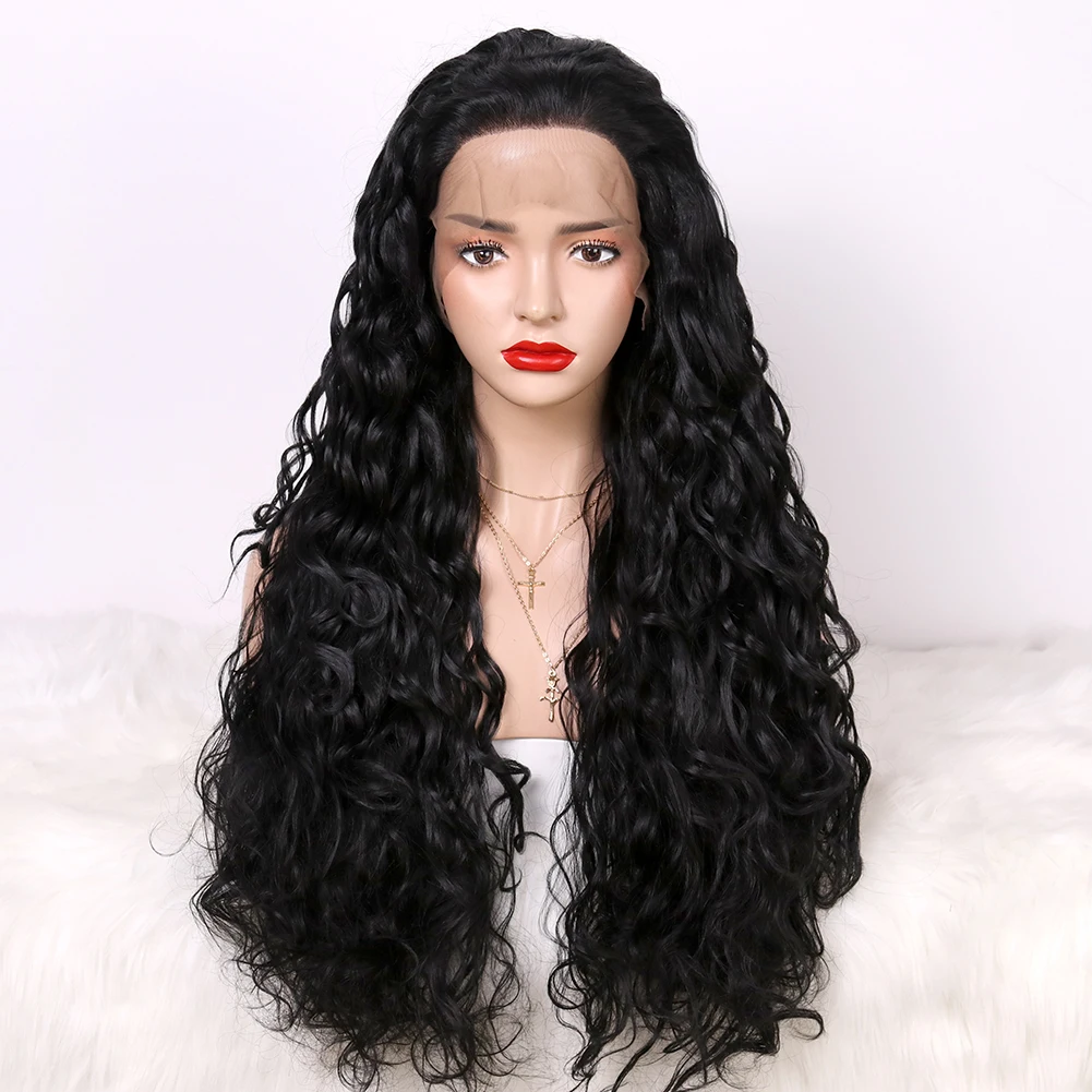 
Synthetic Lace Wig Natural Color Water Wave Long Black Hair Heat Resistant High Quality Soft Front Lace Wig Halloween Dress 
